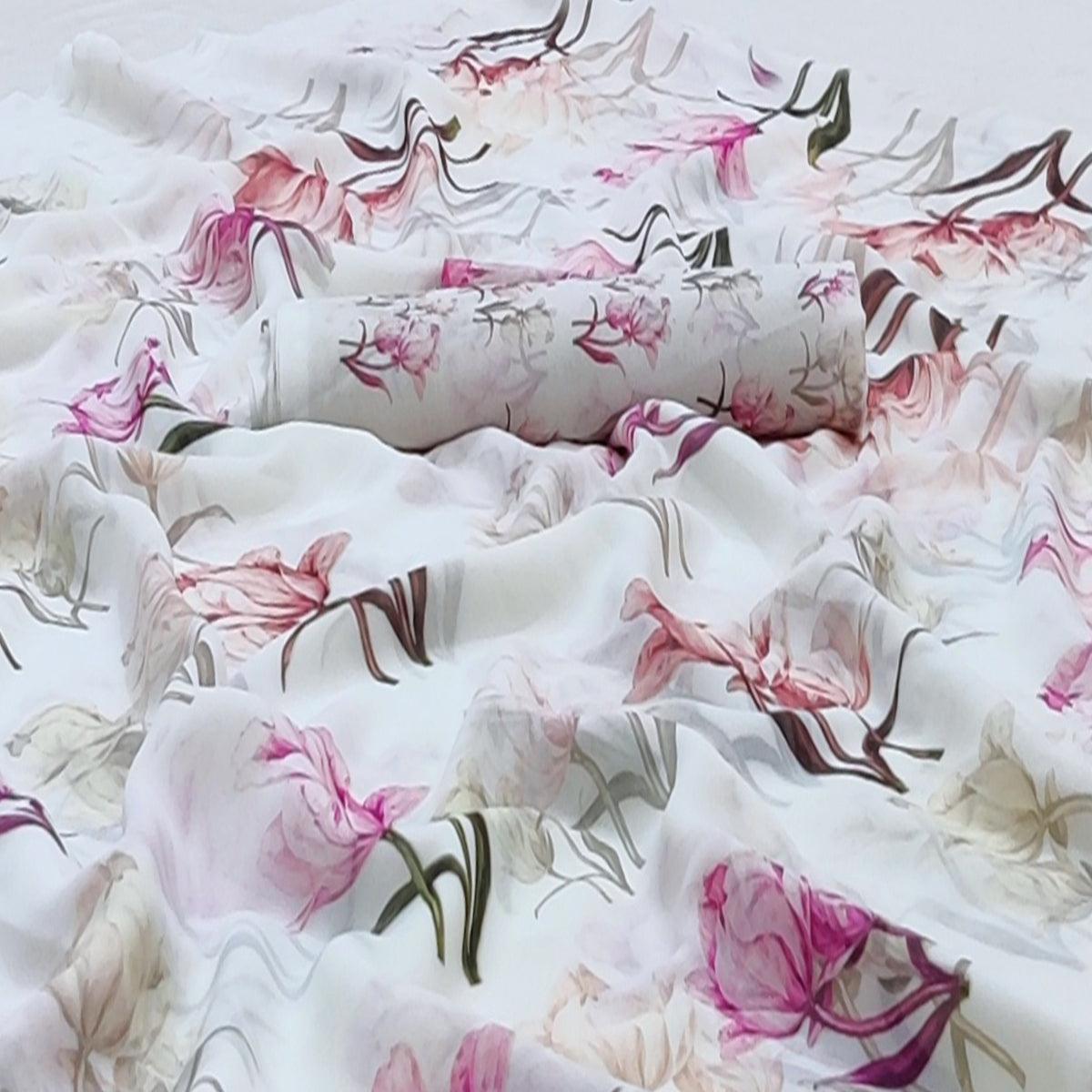 White Casual Wear Floral Digital Printed Georgette Saree - Peachmode