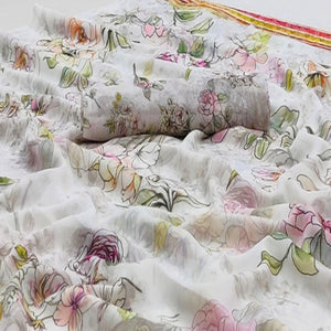 White Casual Wear Floral Digital Printed Georgette Saree - Peachmode