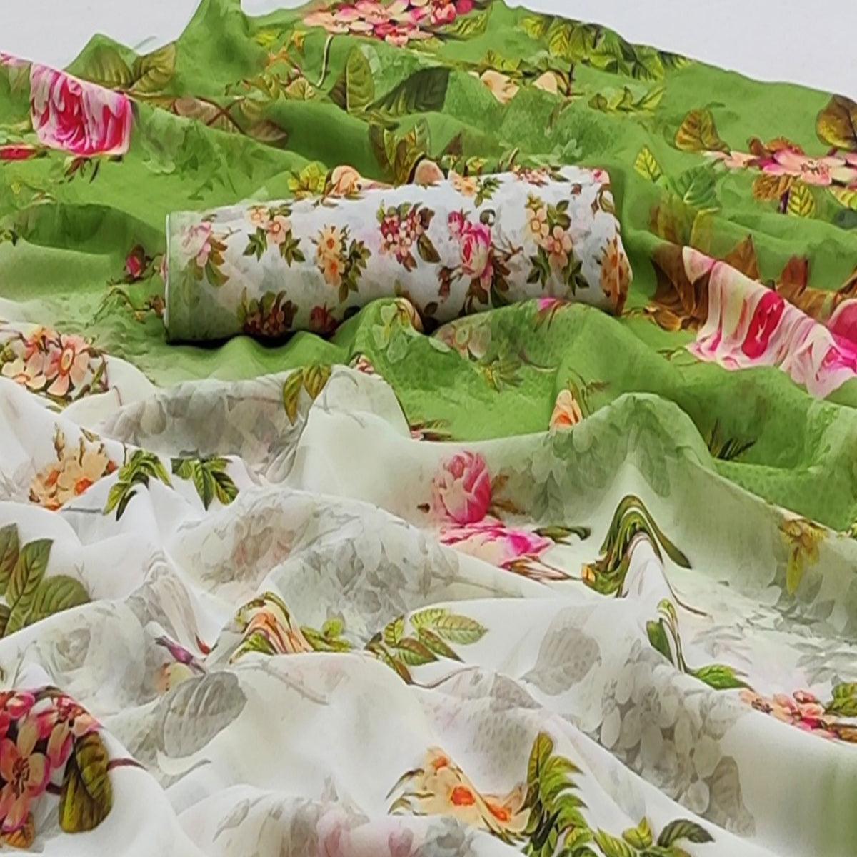 White Casual Wear Floral Digital Printed Georgette Saree - Peachmode