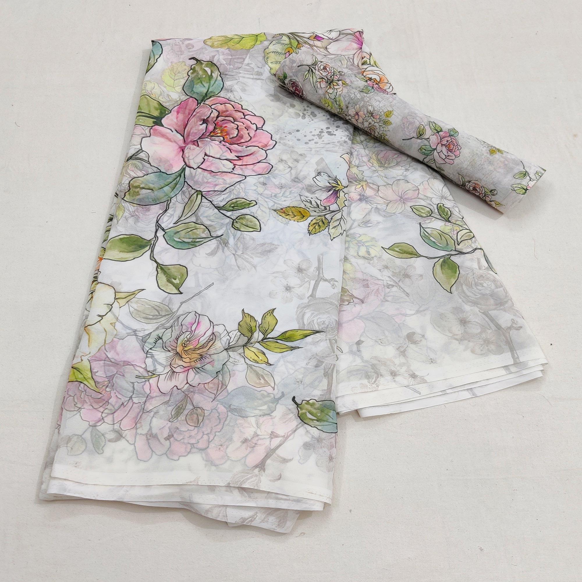 White Casual Wear Floral Digital Printed Georgette Saree - Peachmode