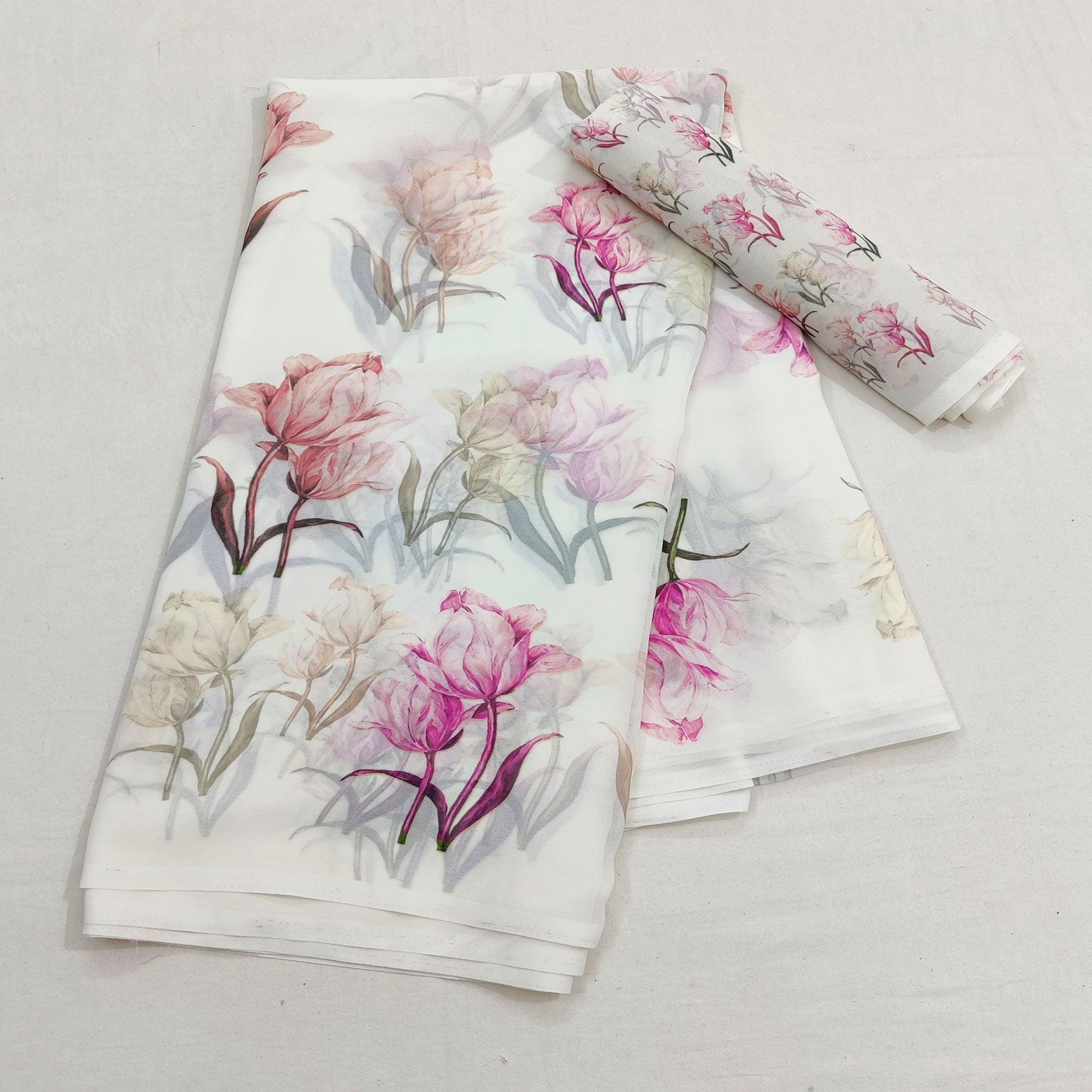 White Casual Wear Floral Digital Printed Georgette Saree - Peachmode