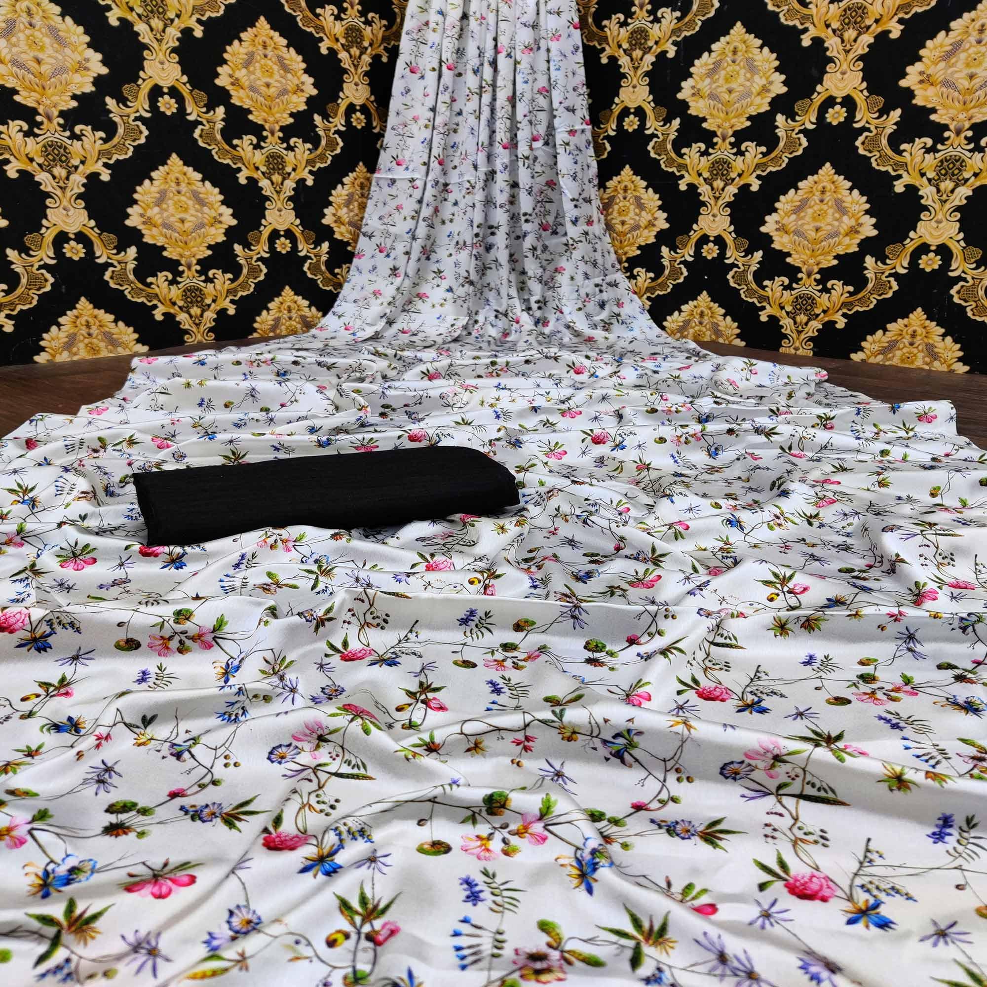 White Casual Wear Floral Digital Printed Satin Saree - Peachmode