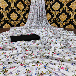 White Casual Wear Floral Digital Printed Satin Saree - Peachmode