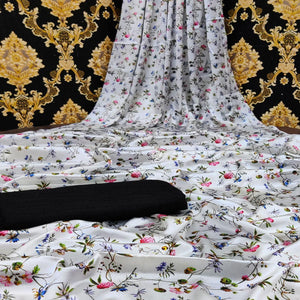 White Casual Wear Floral Digital Printed Satin Saree - Peachmode