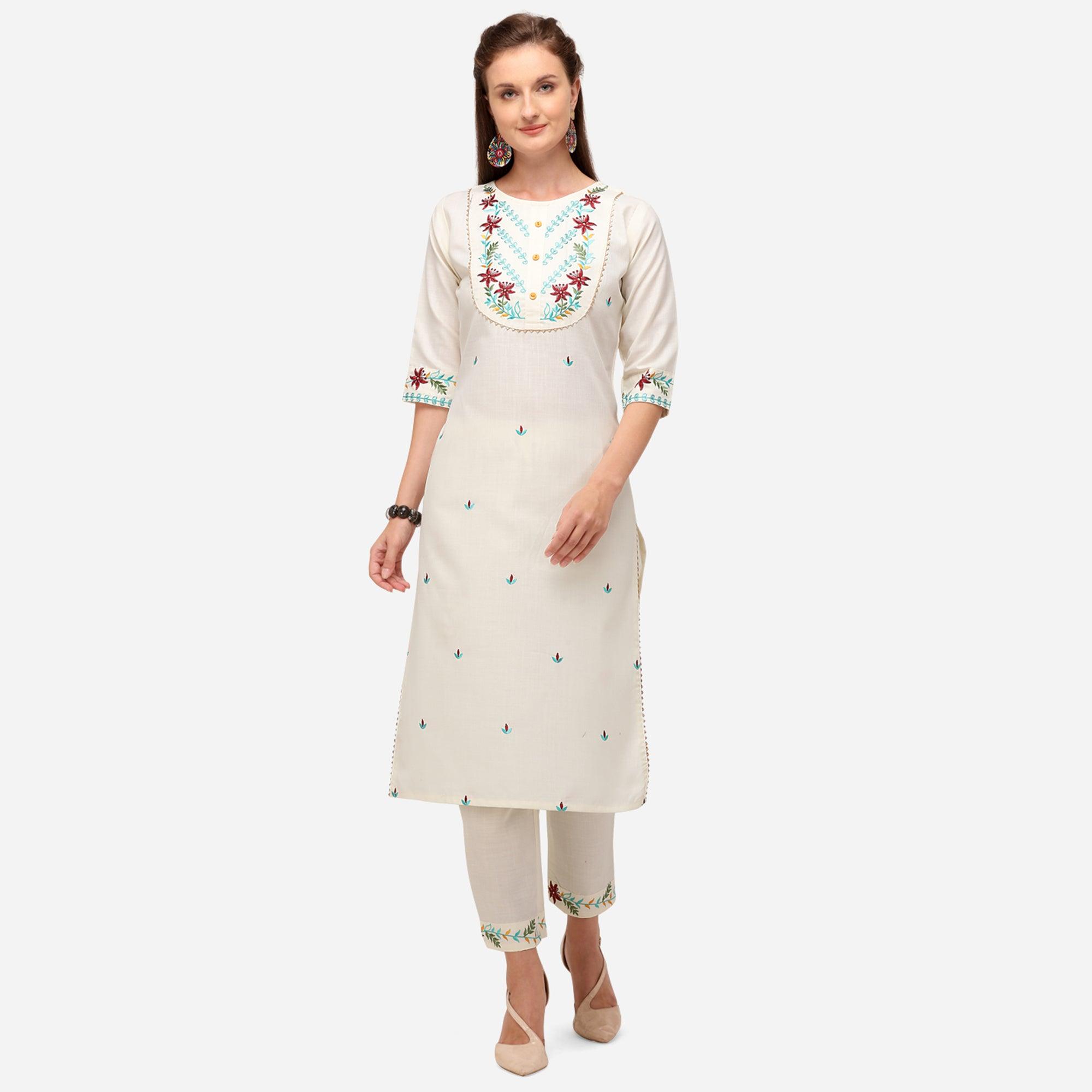White Casual Wear Floral Embroidered Cotton Kurti Pant Set - Peachmode