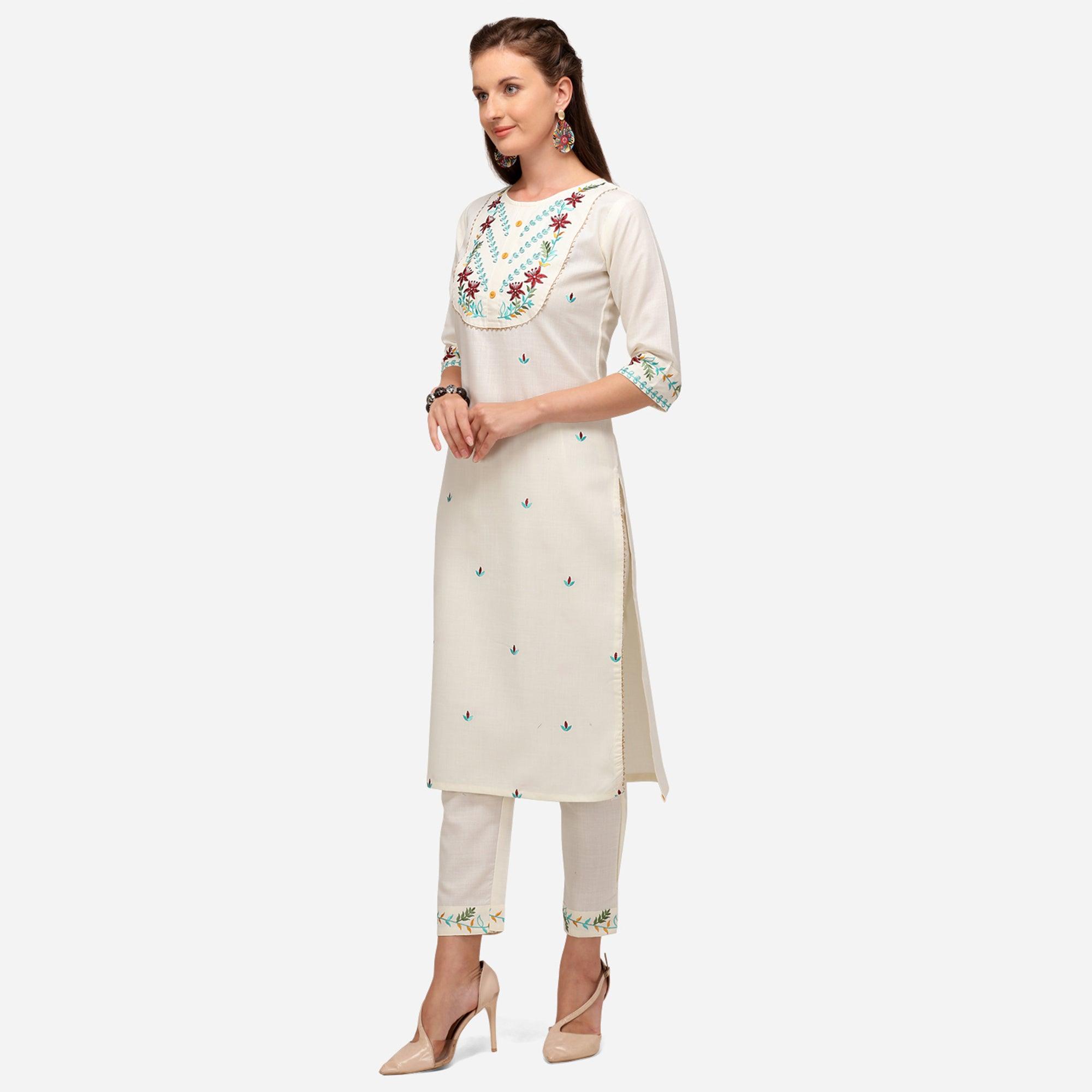 White Casual Wear Floral Embroidered Cotton Kurti Pant Set - Peachmode