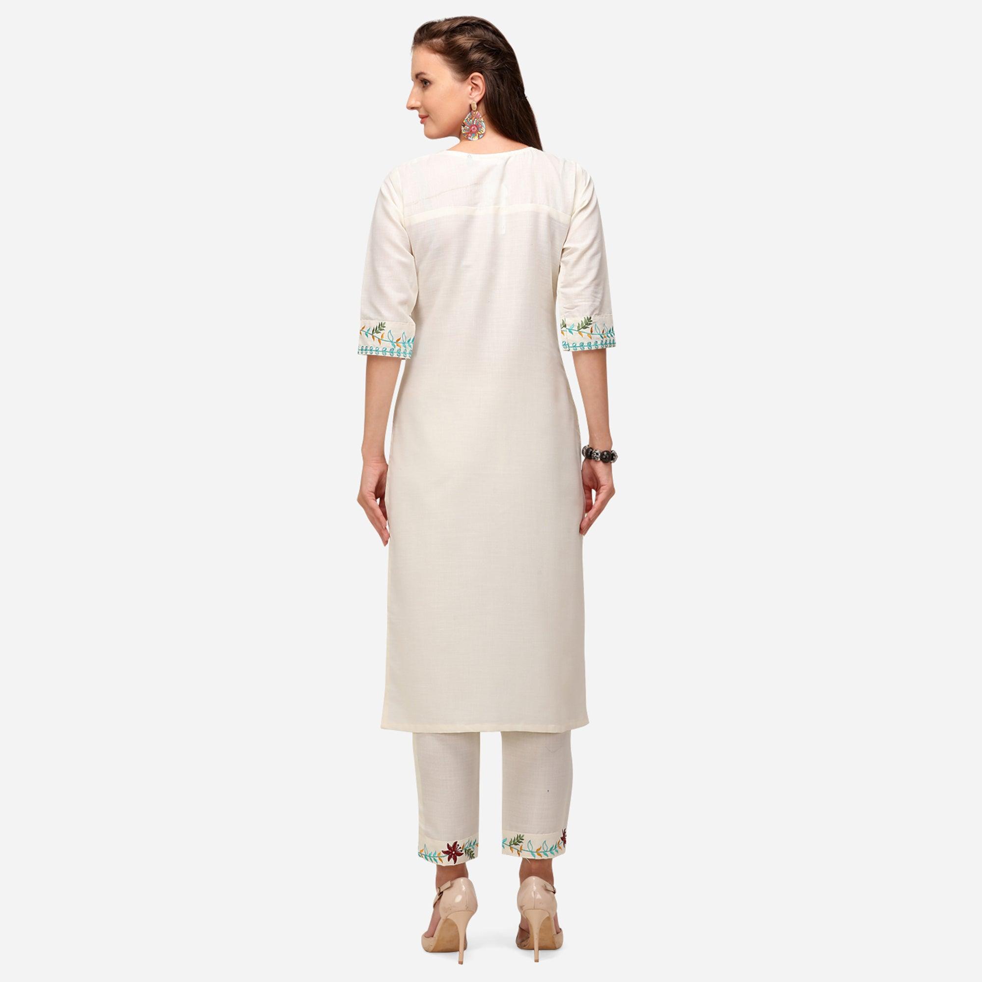 White Casual Wear Floral Embroidered Cotton Kurti Pant Set - Peachmode