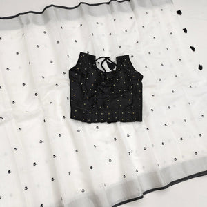 White Casual Wear Floral Embroidered Linen Saree - Peachmode