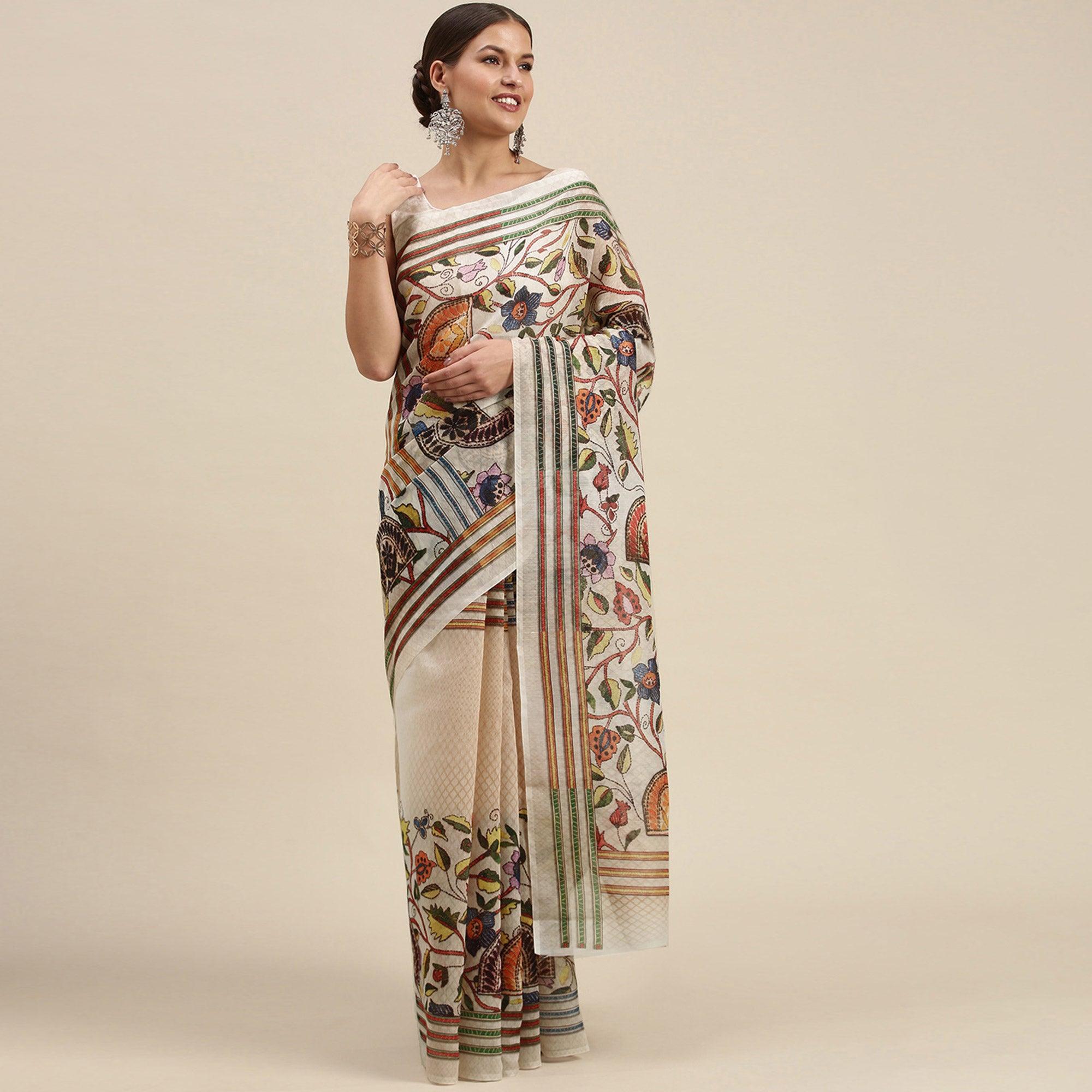 White Casual Wear Floral Printed Cotton Saree - Peachmode