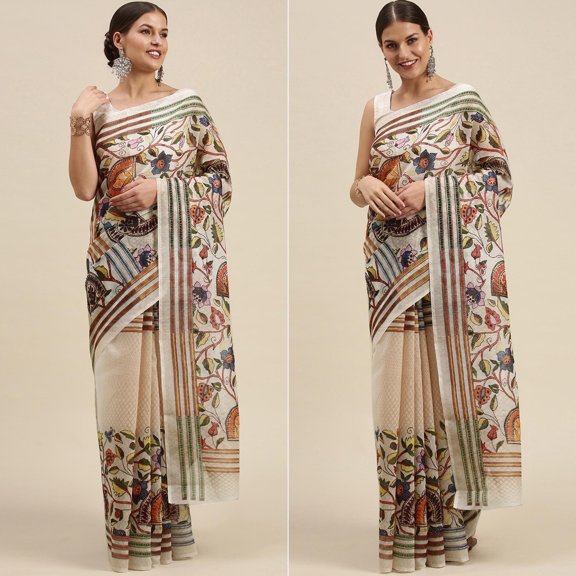 White Casual Wear Floral Printed Cotton Saree - Peachmode