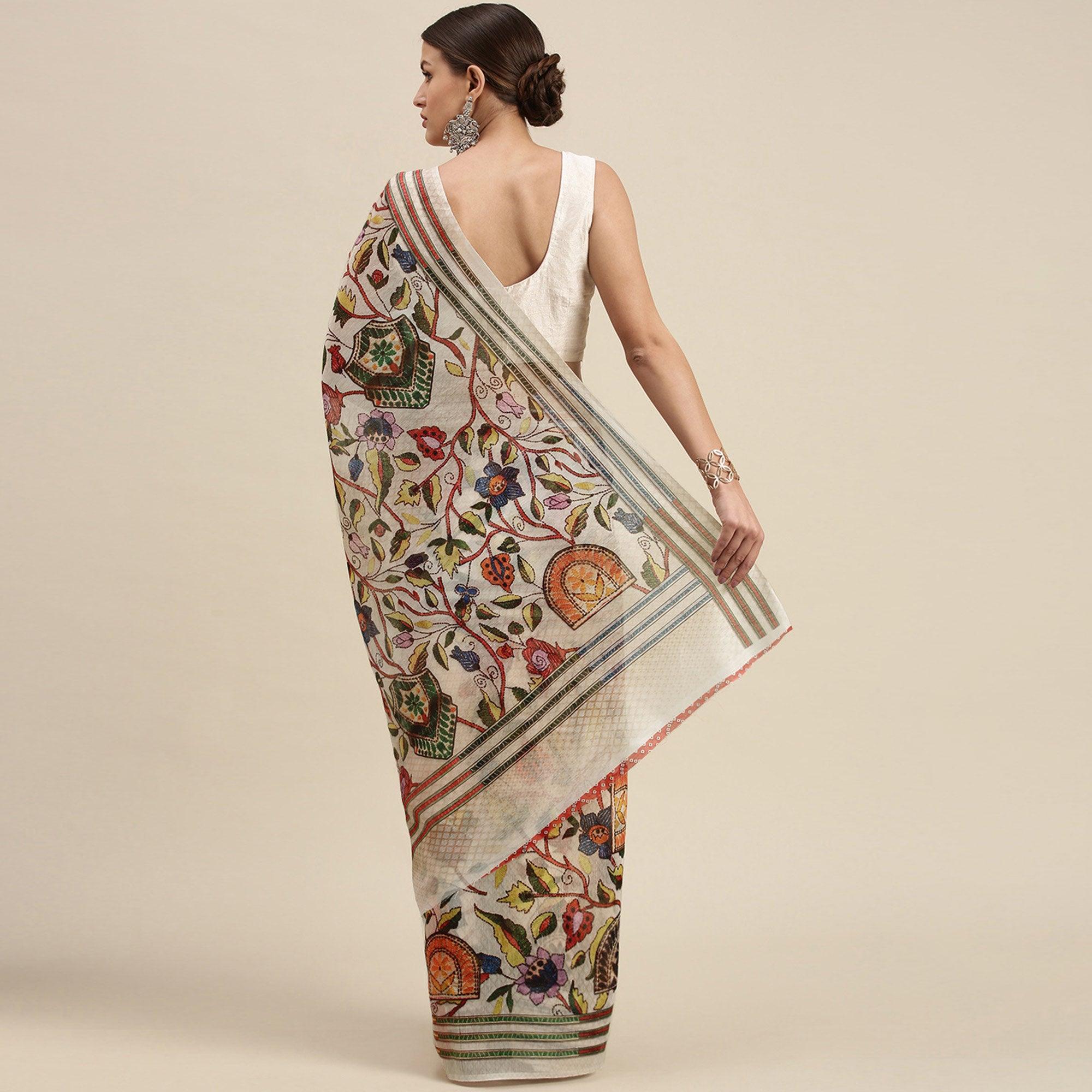 White Casual Wear Floral Printed Cotton Saree - Peachmode