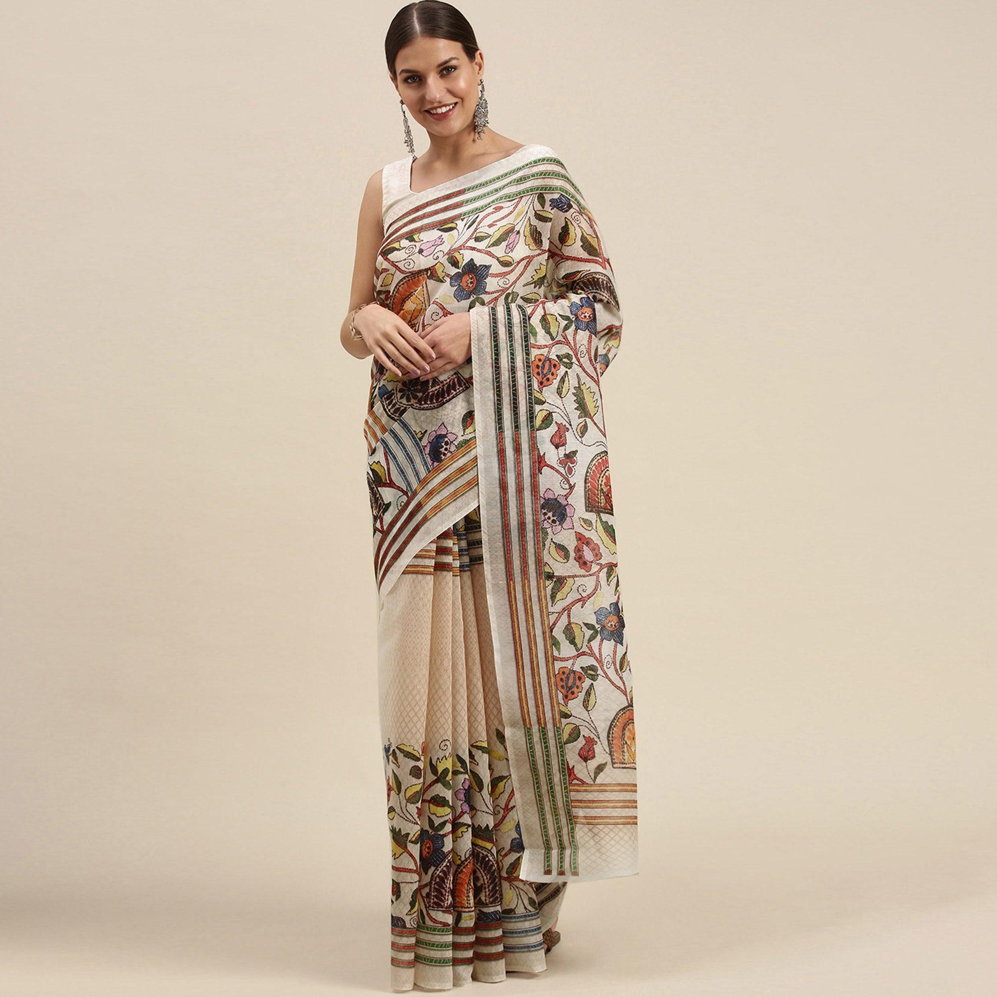 White Casual Wear Floral Printed Cotton Saree - Peachmode