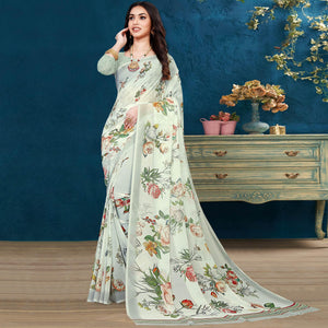 White Casual Wear Floral Printed Georgette Saree - Peachmode
