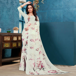 White Casual Wear Floral Printed Georgette Saree - Peachmode
