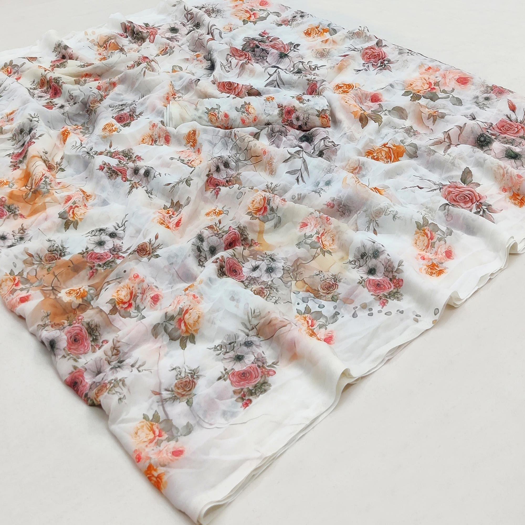 White Casual Wear Floral Printed Georgette Saree - Peachmode