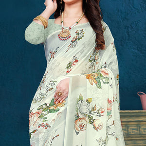 White Casual Wear Floral Printed Georgette Saree - Peachmode