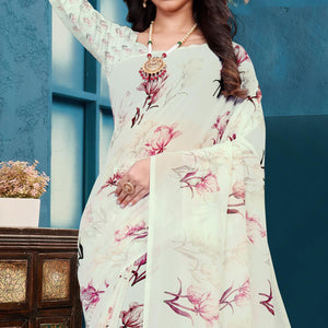 White Casual Wear Floral Printed Georgette Saree - Peachmode