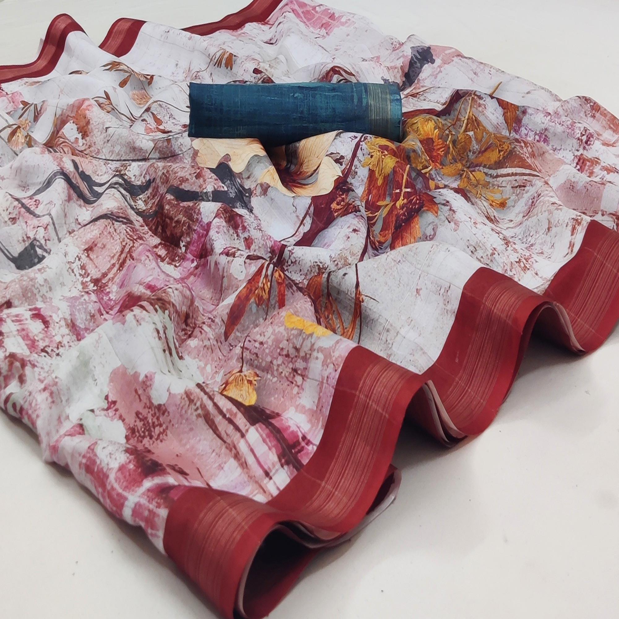White Casual Wear Floral Printed Silk Saree - Peachmode