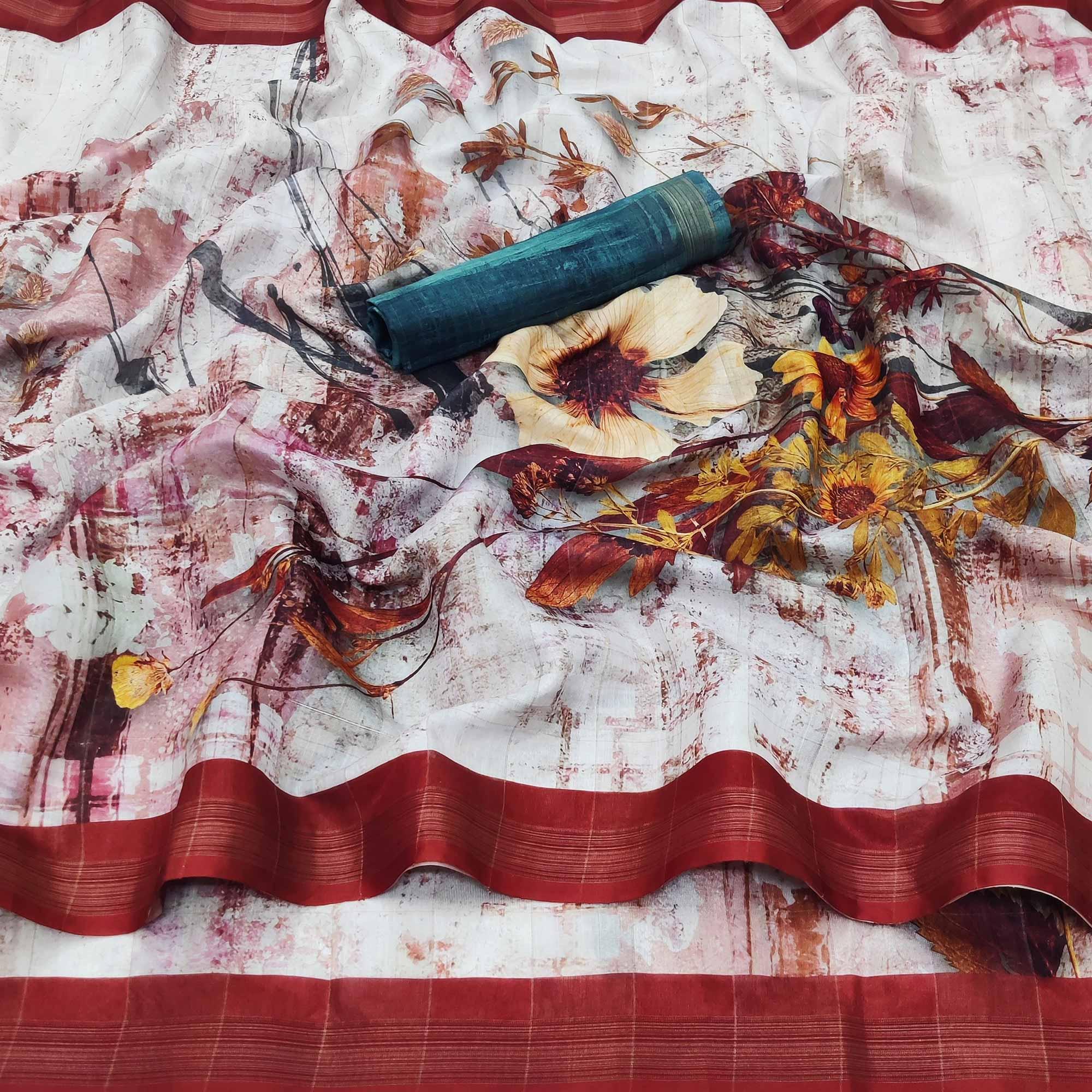 White Casual Wear Floral Printed Silk Saree - Peachmode