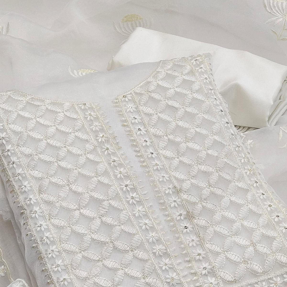 White Casual Wear Floral Sequence Embroidered Organza Dress Material - Peachmode