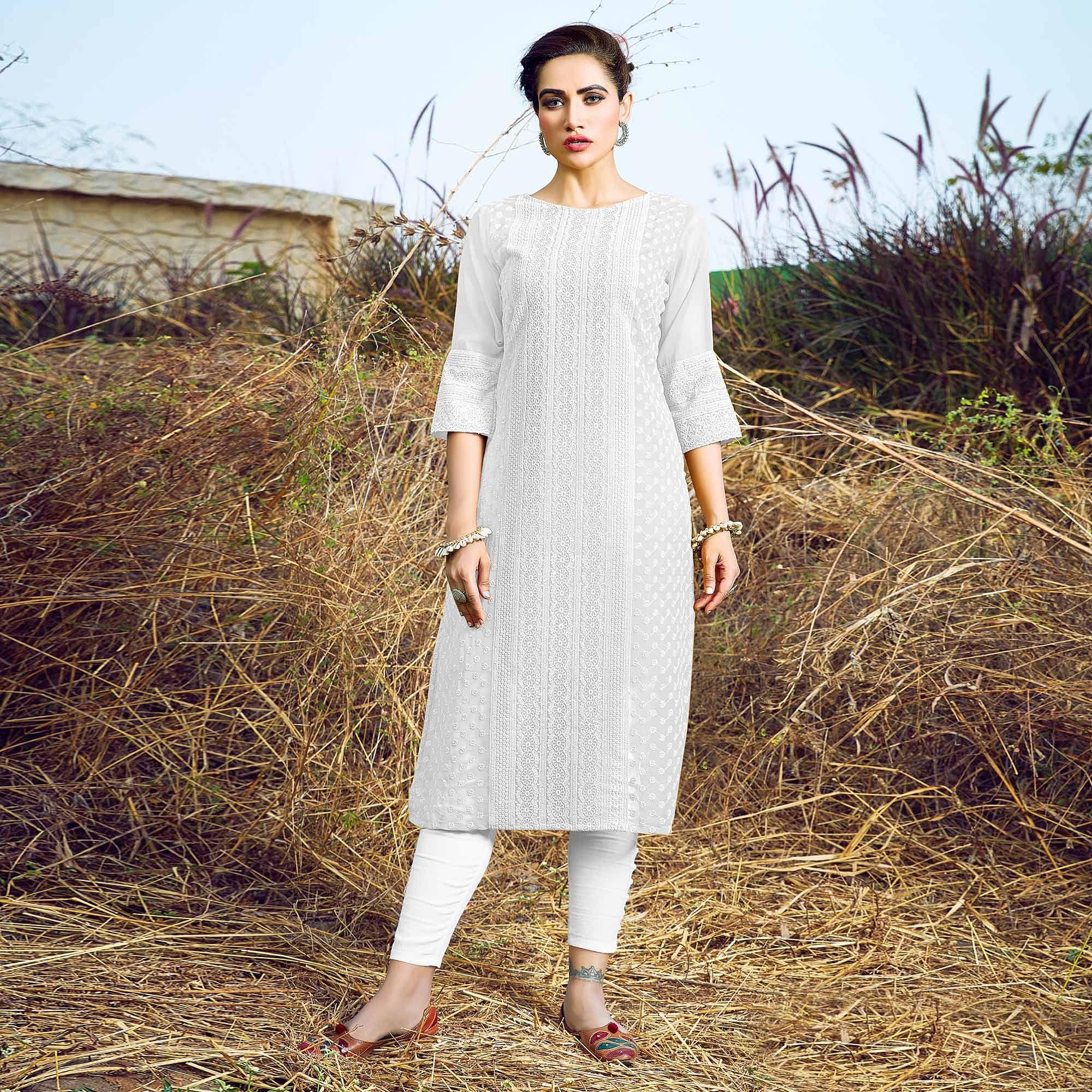 White Casual Wear Lucknowi Embroidered Georgette Kurti - Peachmode