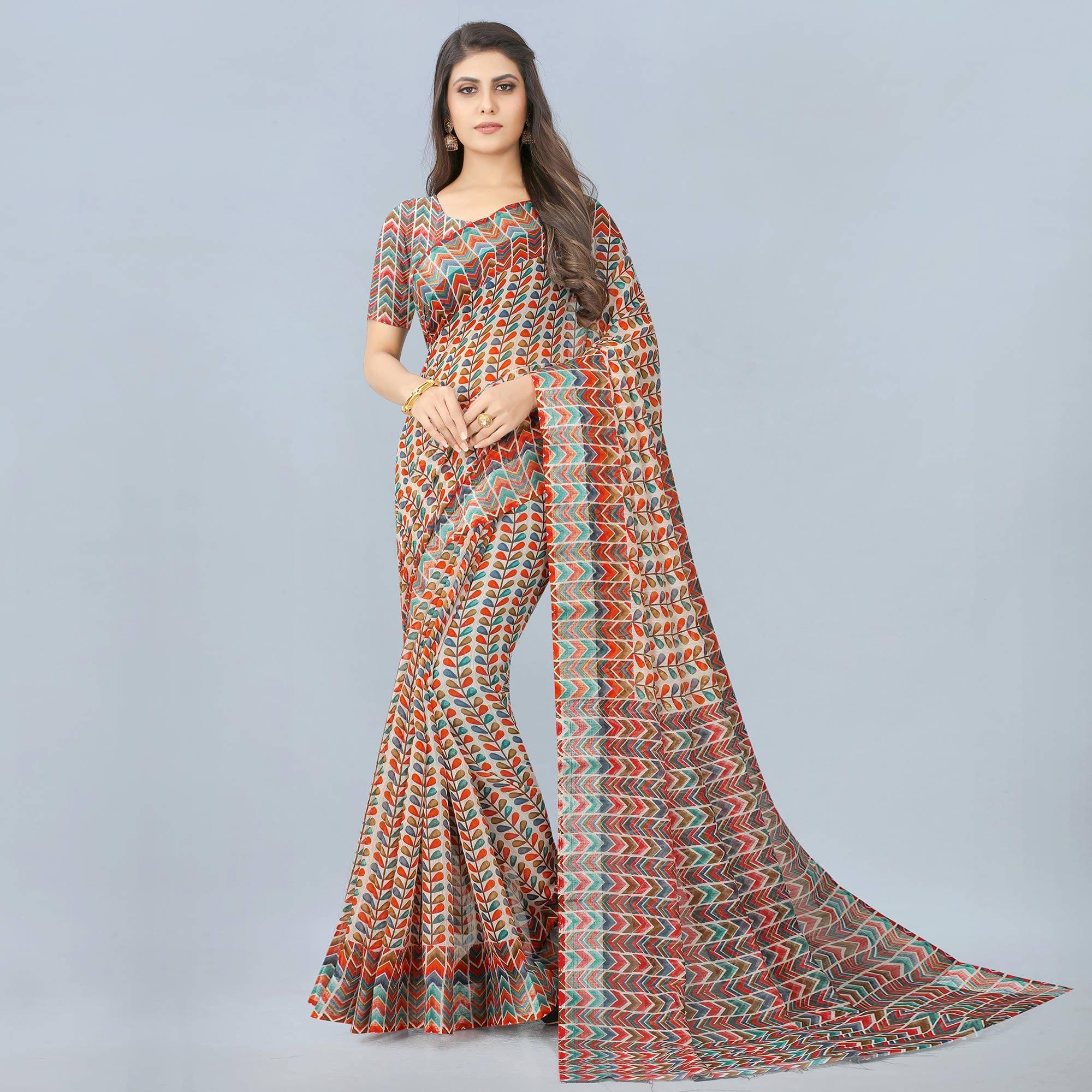 White Casual  Wear Printed Chanderi Silk Saree - Peachmode