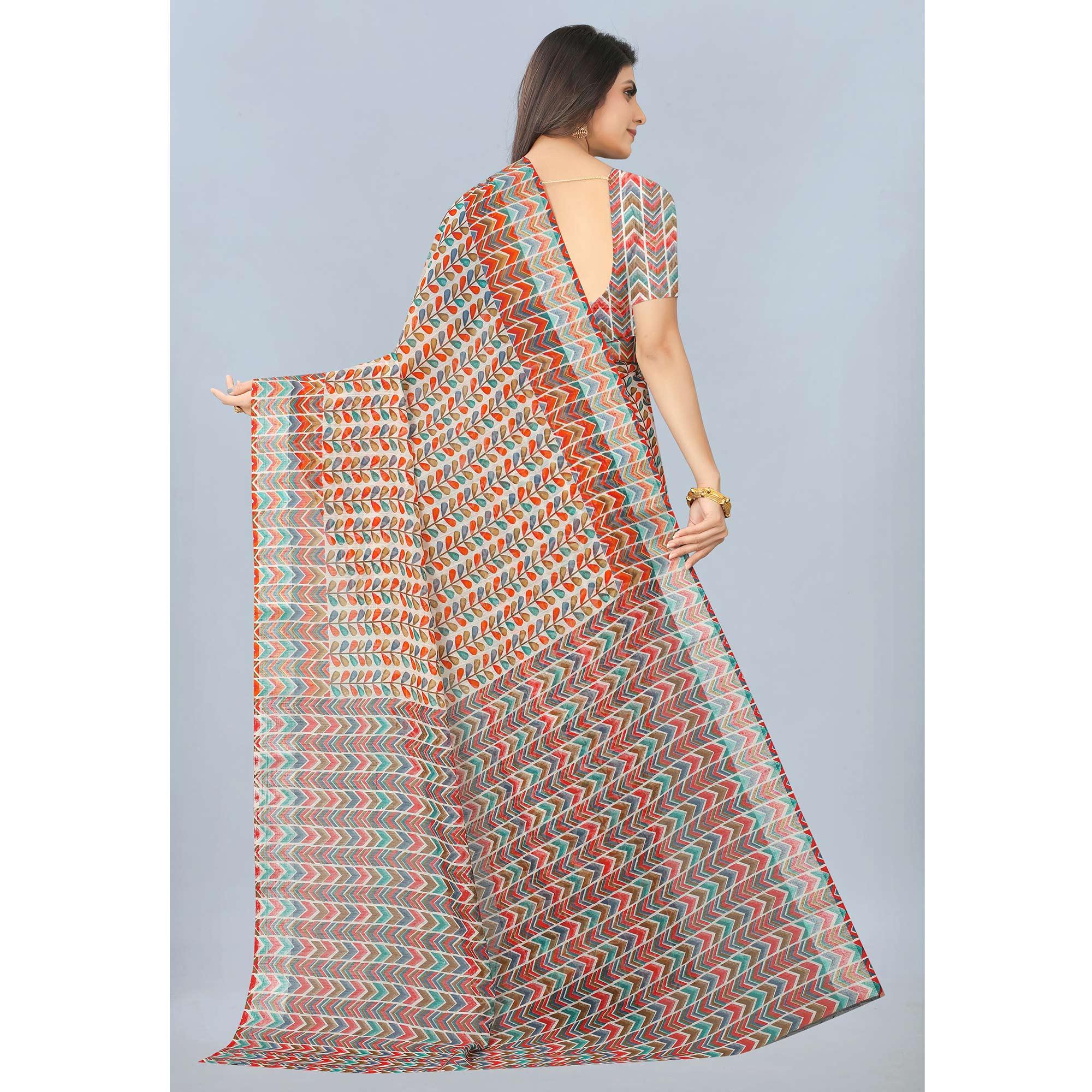 White Casual  Wear Printed Chanderi Silk Saree - Peachmode