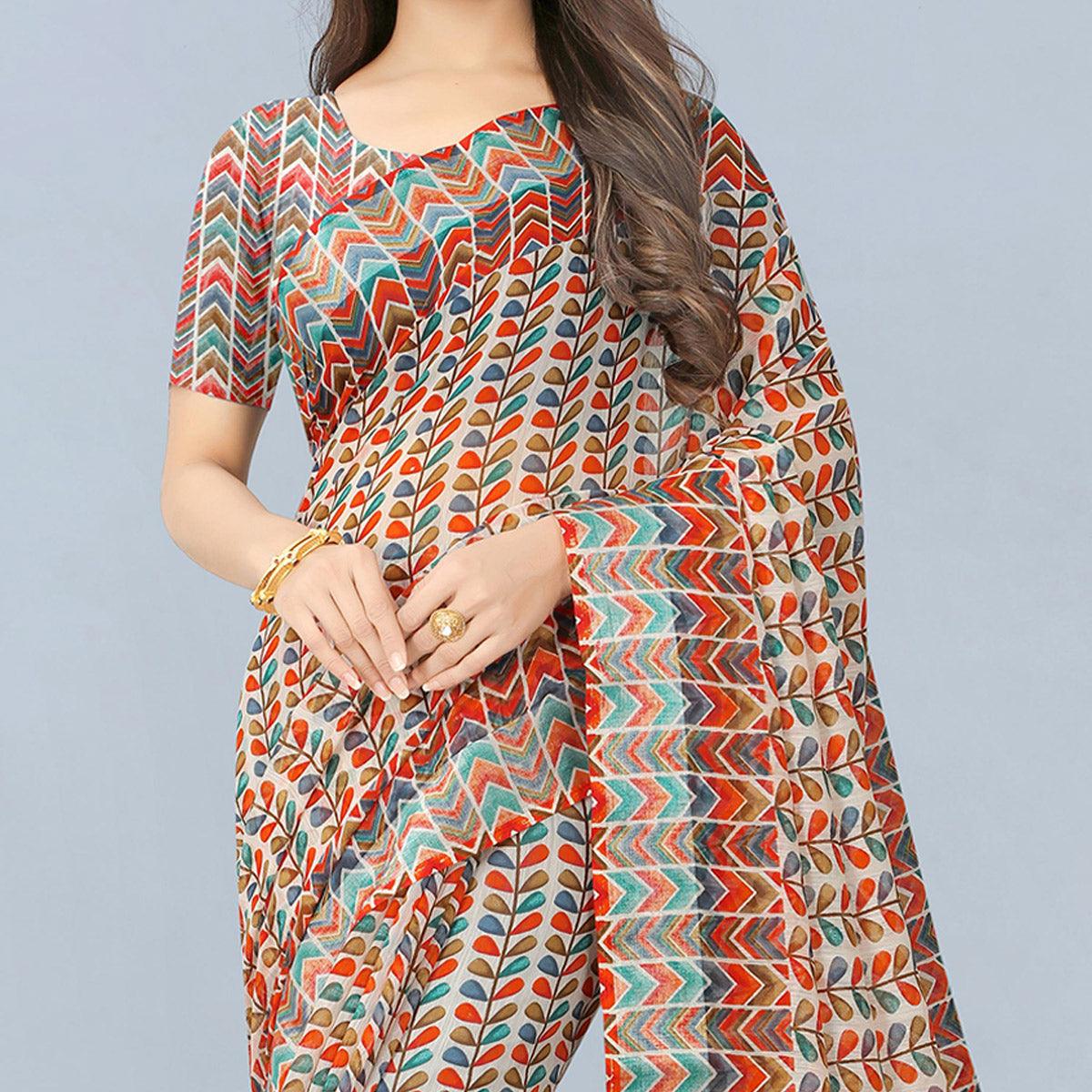White Casual  Wear Printed Chanderi Silk Saree - Peachmode