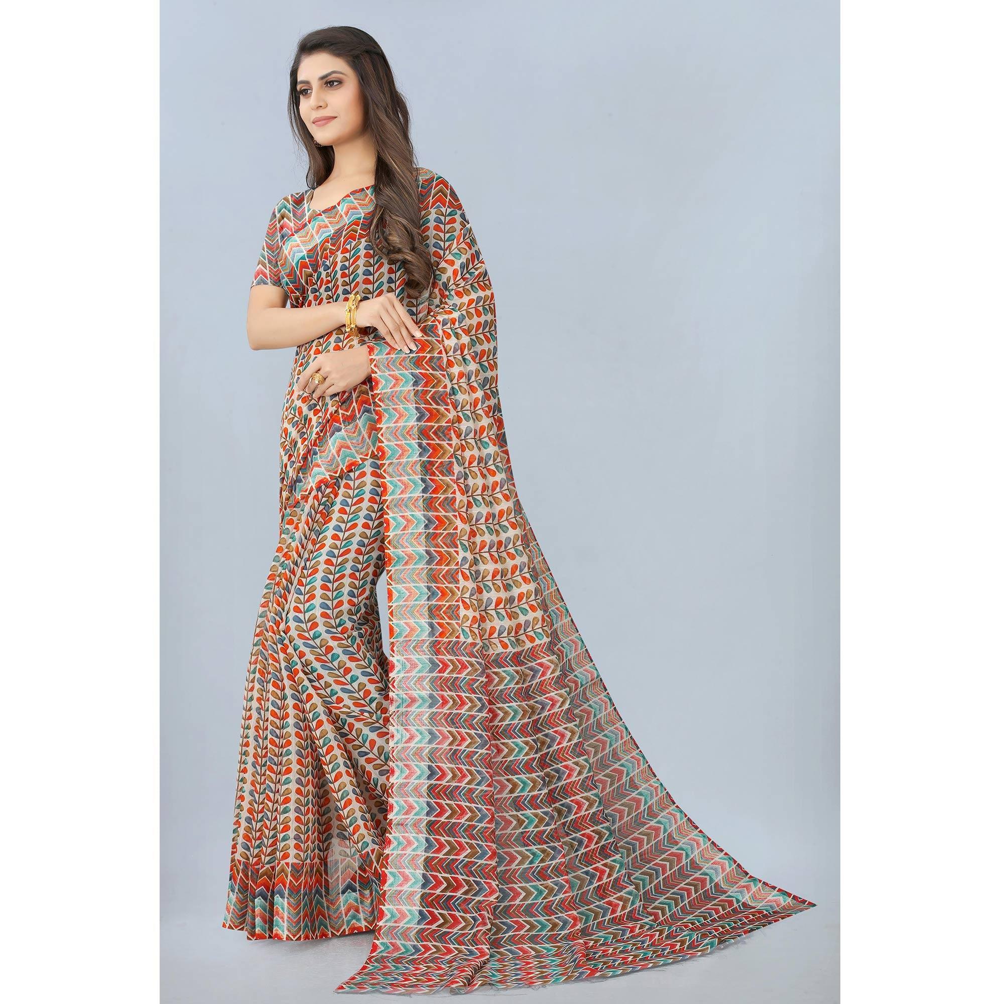 White Casual  Wear Printed Chanderi Silk Saree - Peachmode