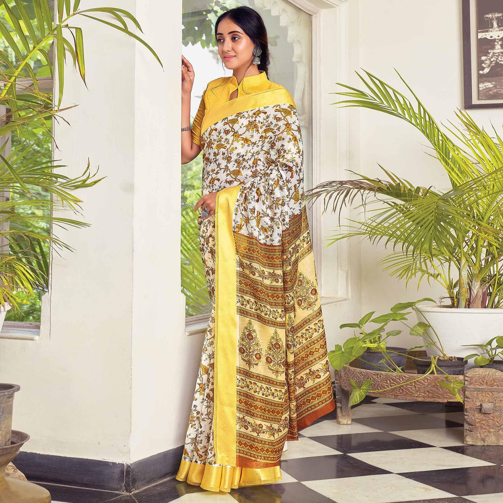 White Casual Wear Printed Cotton Saree - Peachmode