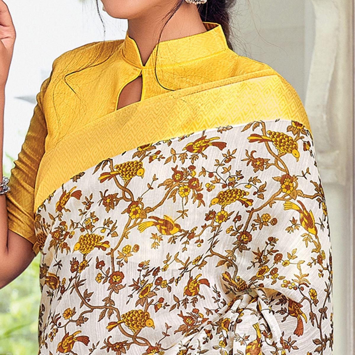 White Casual Wear Printed Cotton Saree - Peachmode