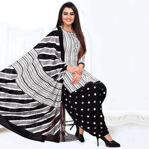 White Casual Wear Printed Leon Patiala Dress Material - Peachmode