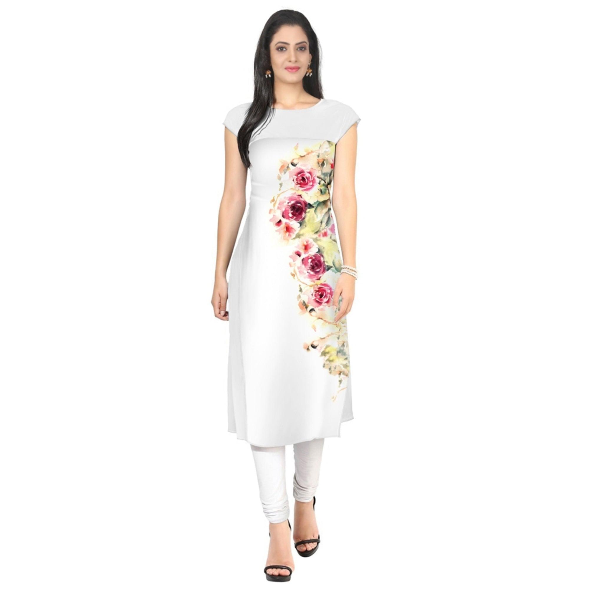 White Colored Casual Floral Printed Kurti - Peachmode