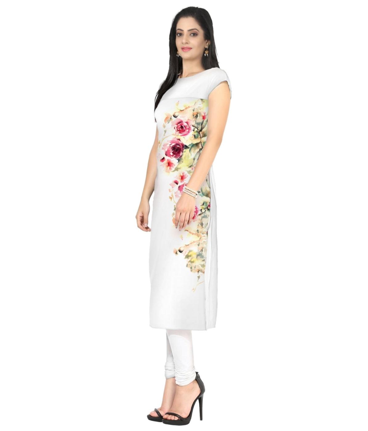 White Colored Casual Floral Printed Kurti - Peachmode