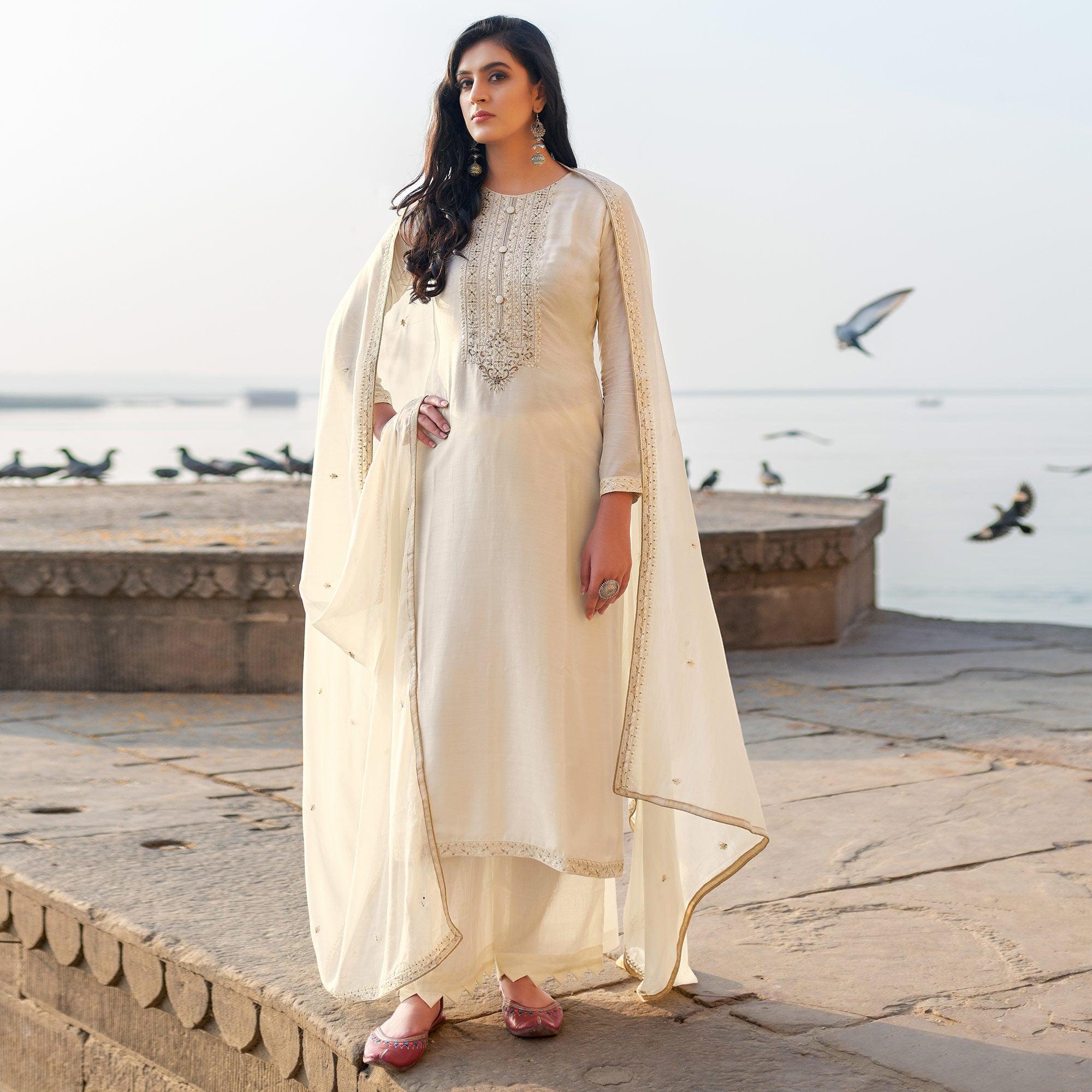 White Coloured Handwork Partywear Cotton Silk Palazzo Suit - Peachmode