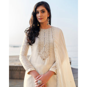 White Coloured Handwork Partywear Cotton Silk Palazzo Suit - Peachmode