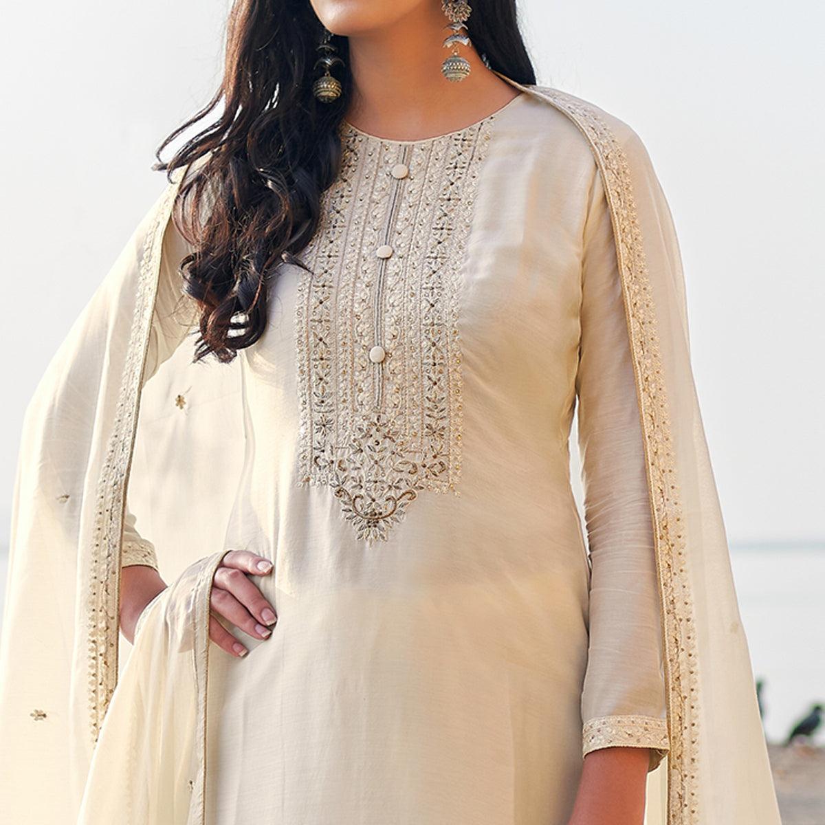 White Coloured Handwork Partywear Cotton Silk Palazzo Suit - Peachmode