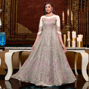 White Designer Partywear Embroidered Heavy Net Anarakali Suit - Peachmode