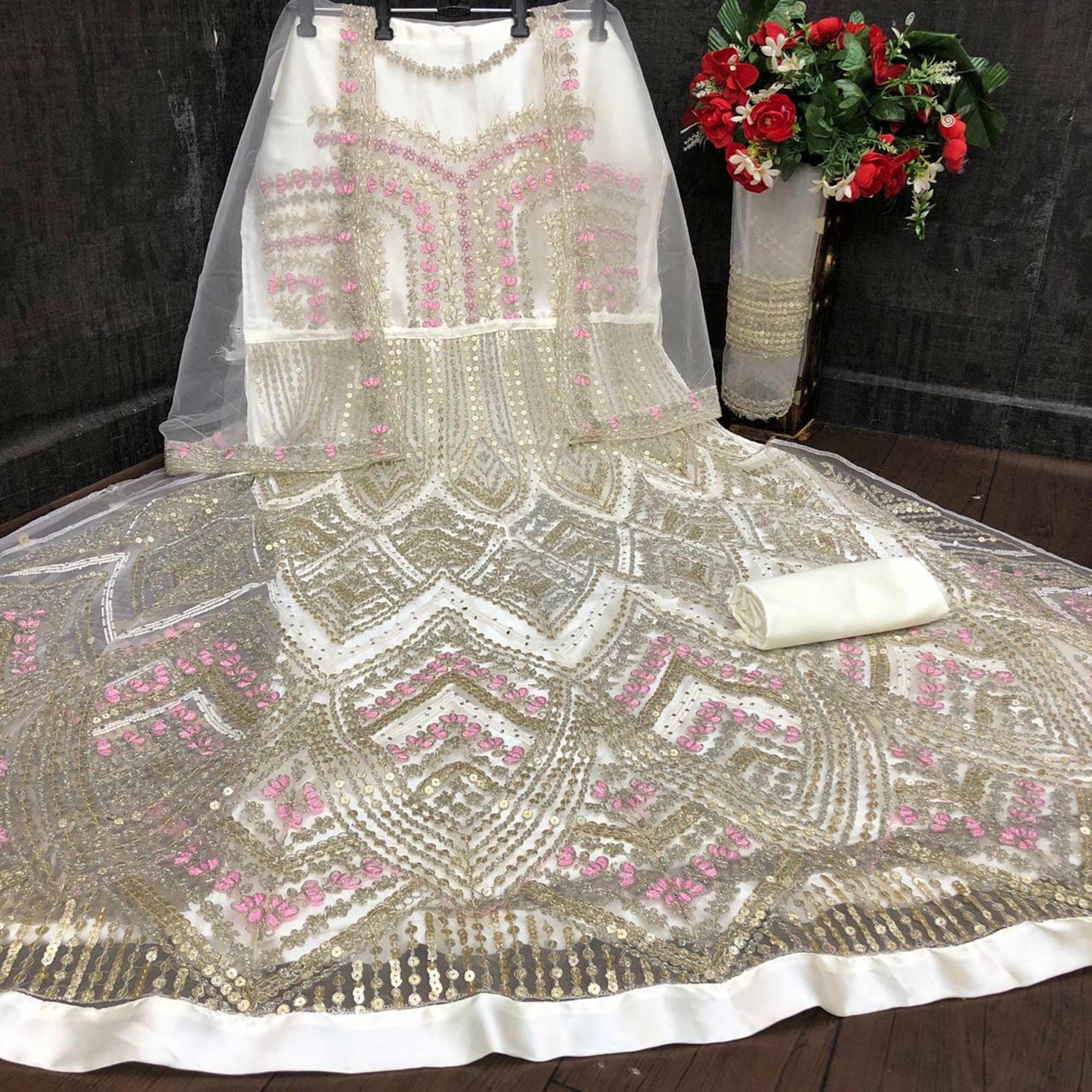 White Designer Partywear Embroidered Heavy Net Anarakali Suit - Peachmode
