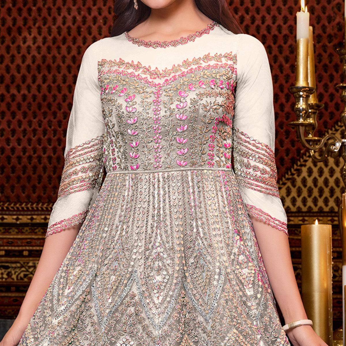 White Designer Partywear Embroidered Heavy Net Anarakali Suit - Peachmode