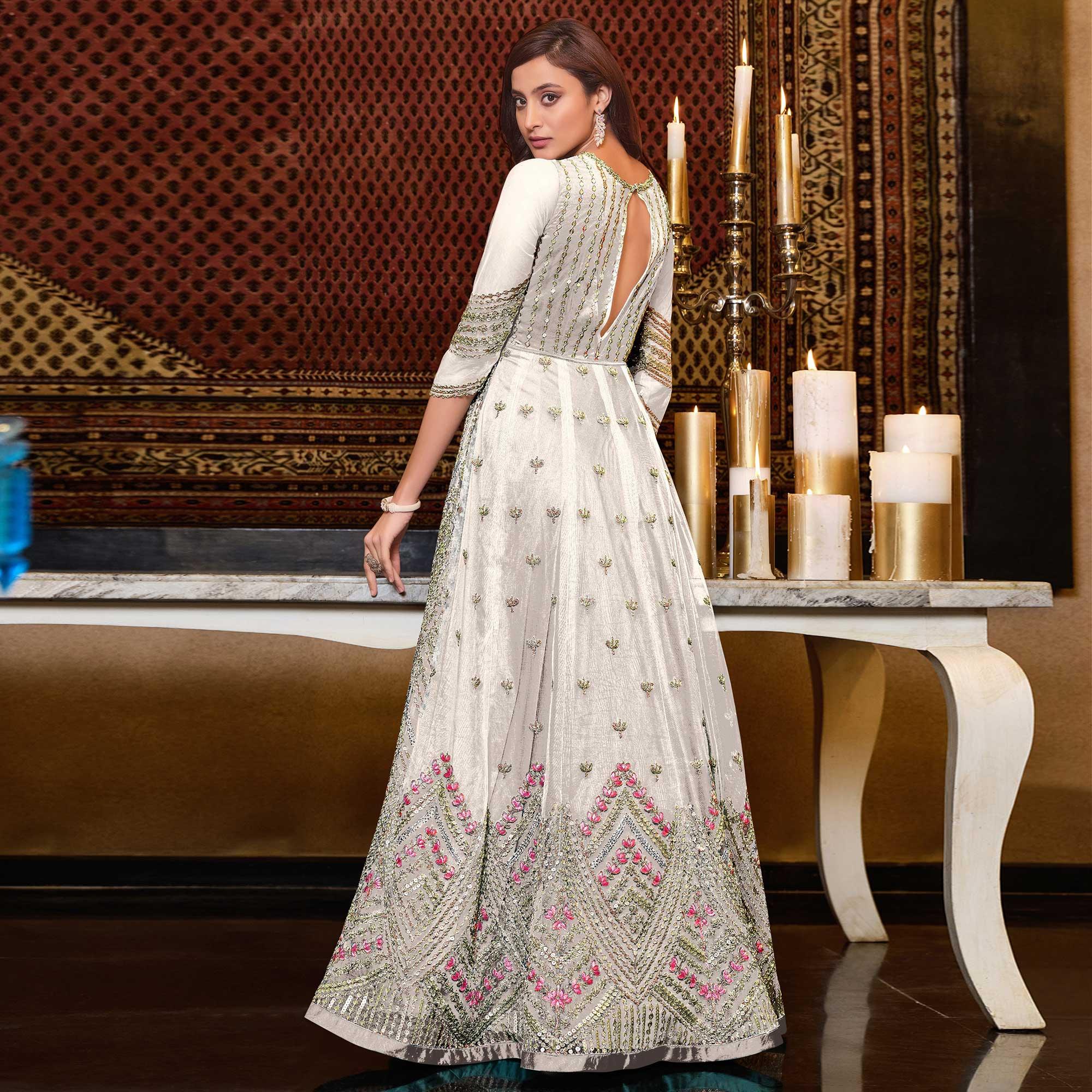 White Designer Partywear Embroidered Heavy Net Anarakali Suit - Peachmode