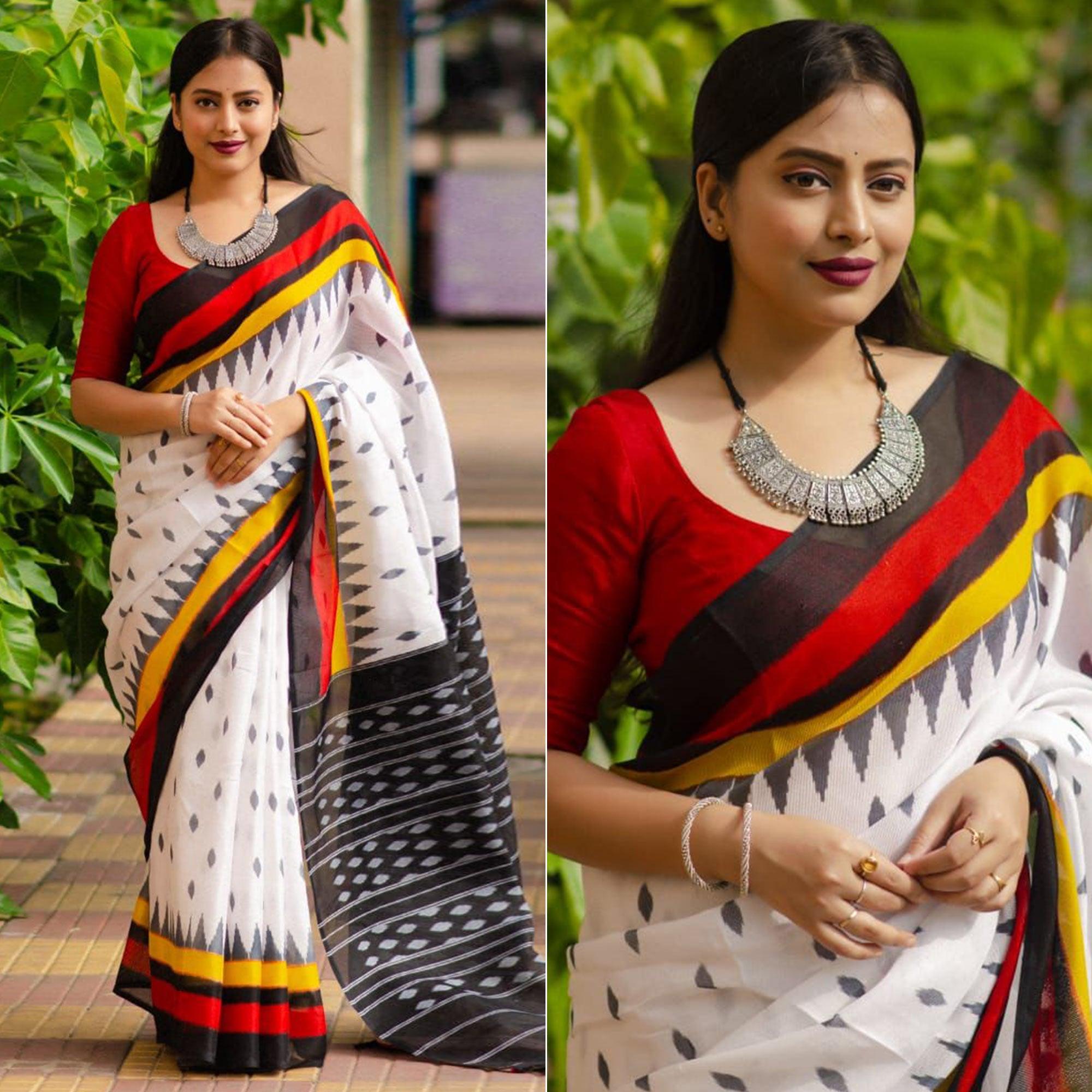 White Digital Ikkat Printed Linen Saree - Peachmode