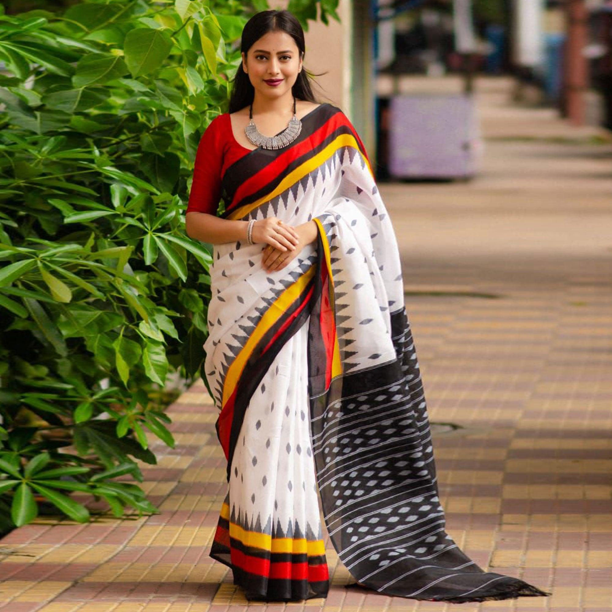 White Digital Ikkat Printed Linen Saree - Peachmode