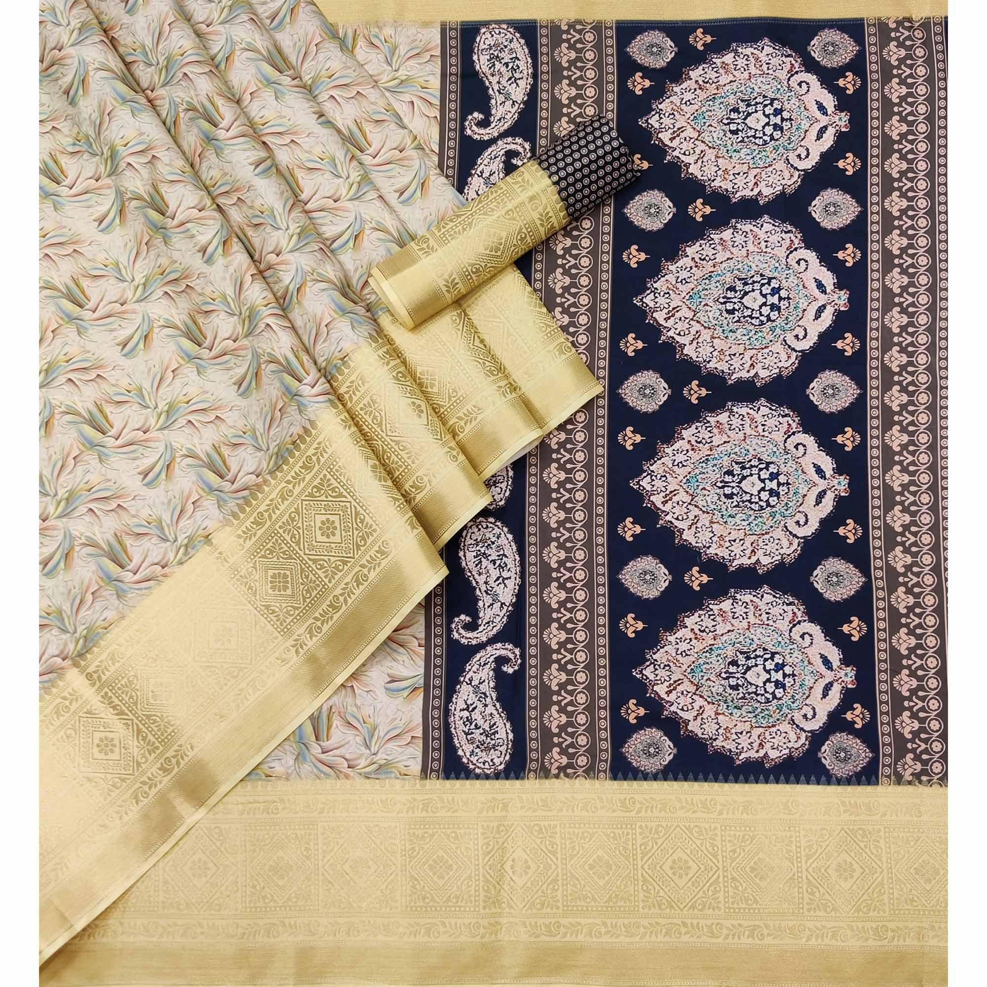 White Digital Printed Art Silk Saree - Peachmode