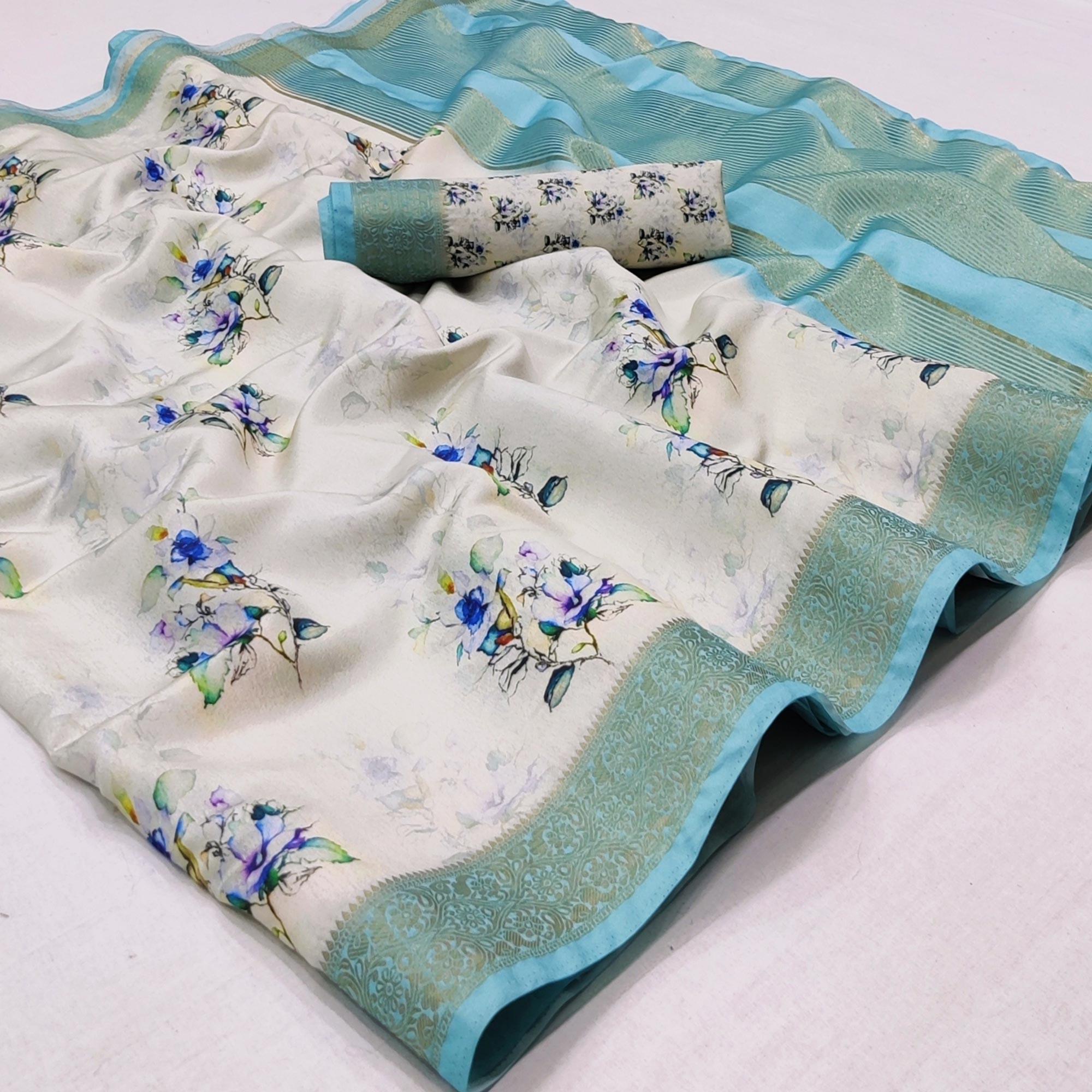 White Digital Printed Dola Silk Saree - Peachmode