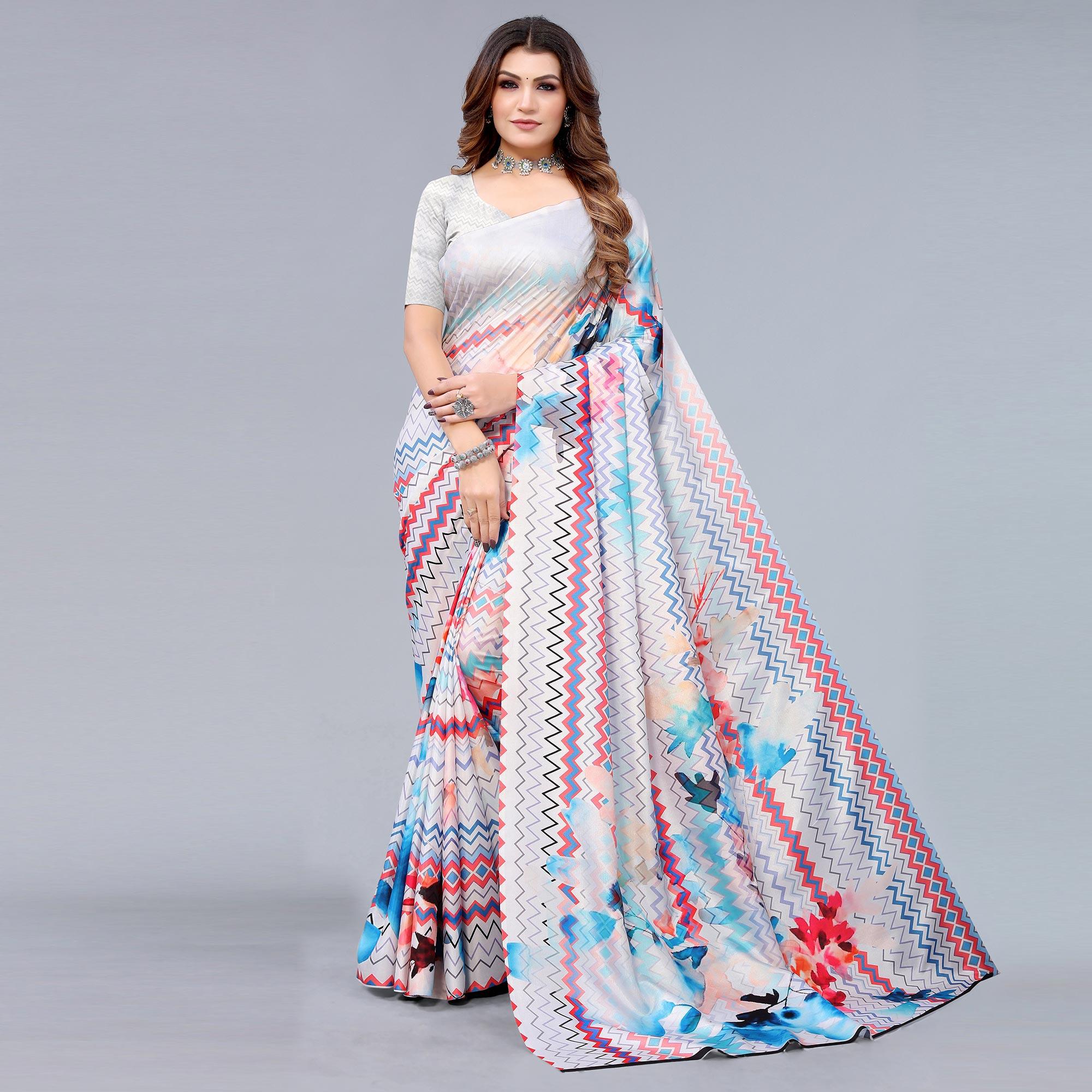 White Digital Printed Dola Silk Saree - Peachmode