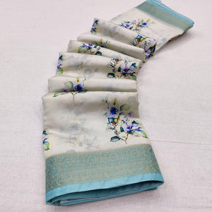 White Digital Printed Dola Silk Saree - Peachmode