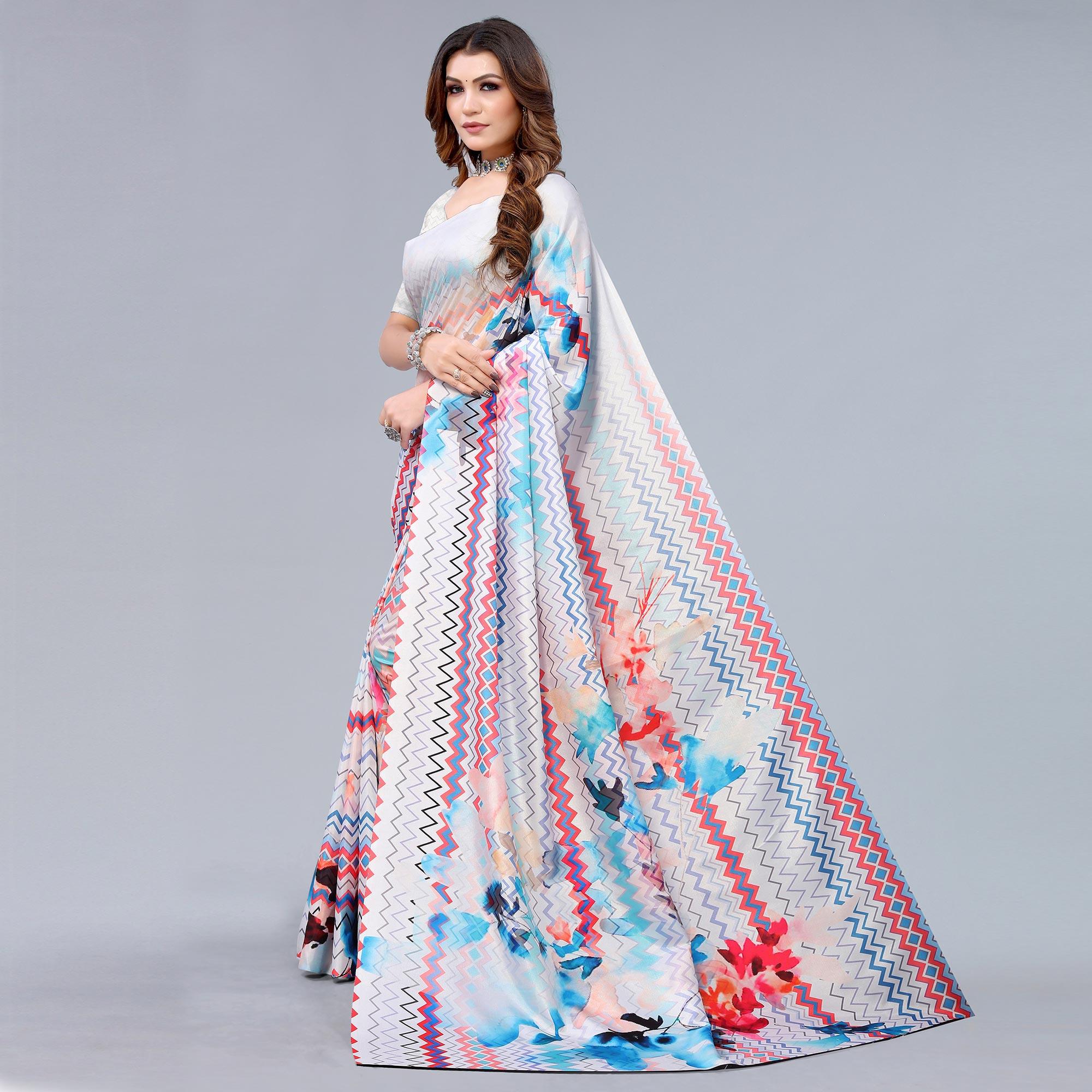 White Digital Printed Dola Silk Saree - Peachmode