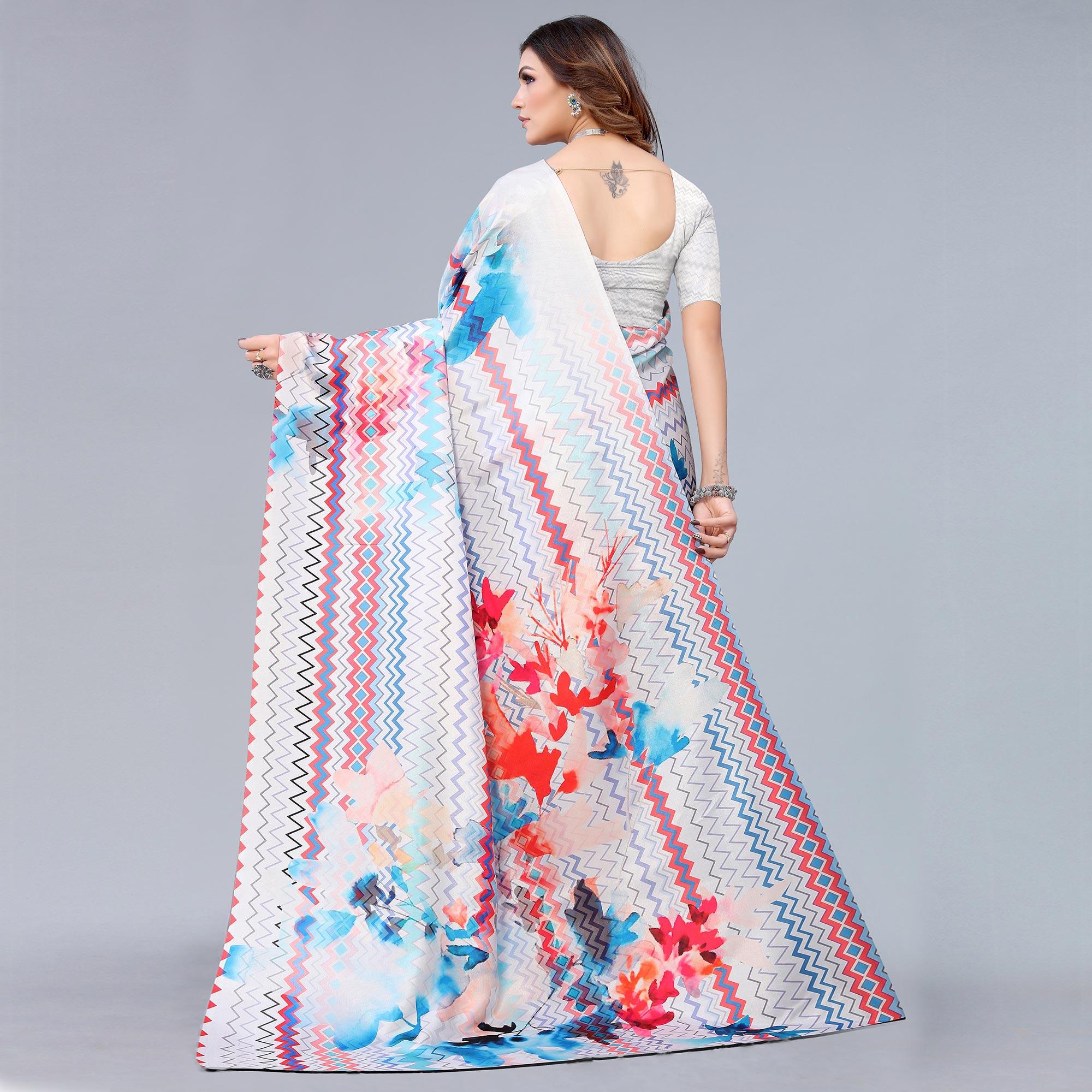 White Digital Printed Dola Silk Saree - Peachmode