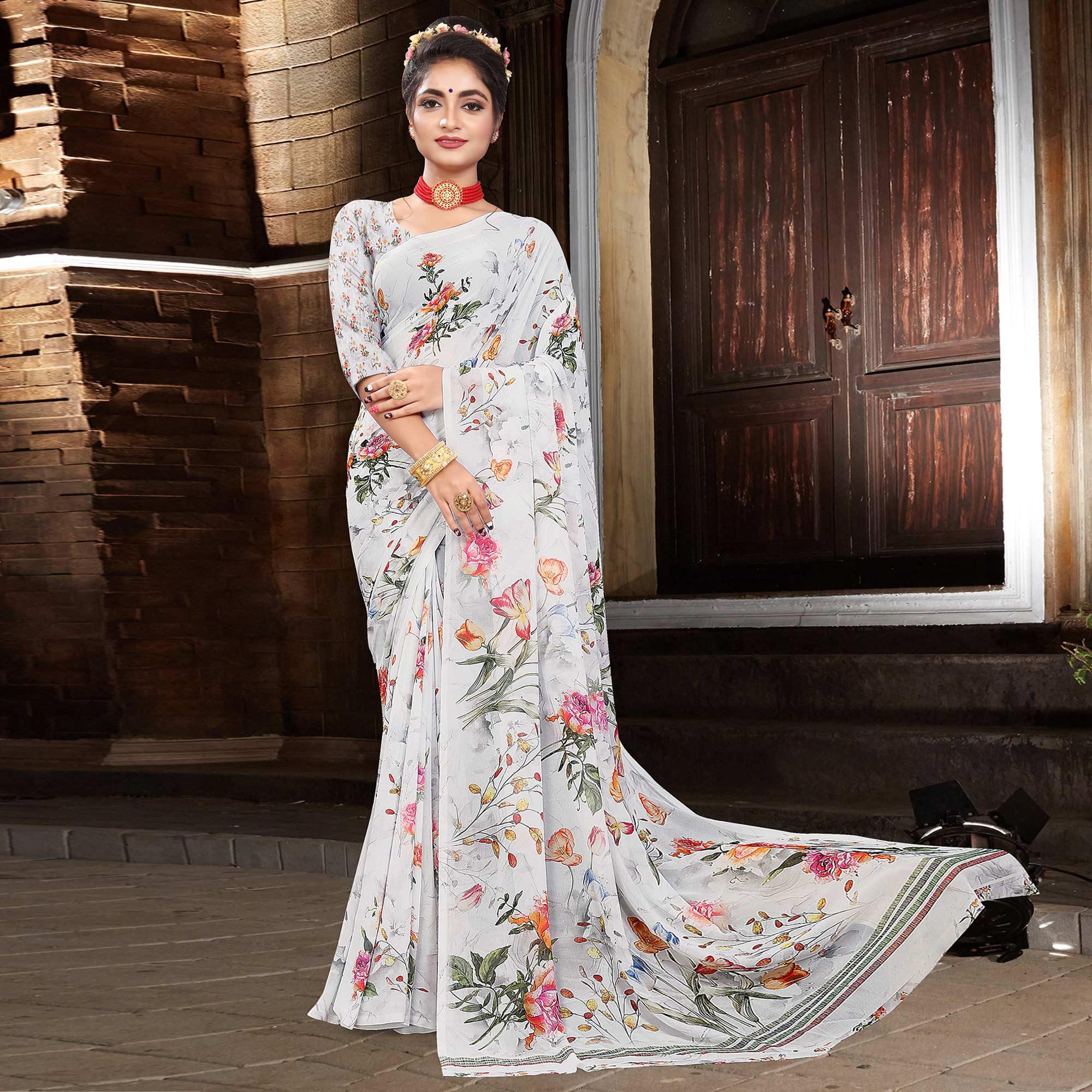 White Digital Printed Georgette Saree - Peachmode